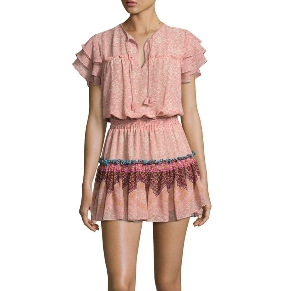 Misa- Light Pink Short Sleeve Suri Tiered Skirt Floral Pattern Mini Dress